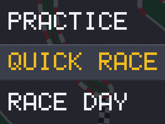The game's menu: PRACTICE, QUICK RACE picked out in yellow, and RACE DAY.