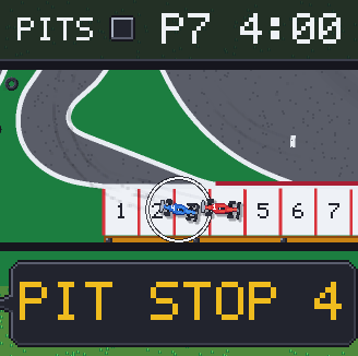 An F1 final: a blue F1 car stands in its pit box, PITS and an empty box in the top band, and the official counts down PIT STOP 4.